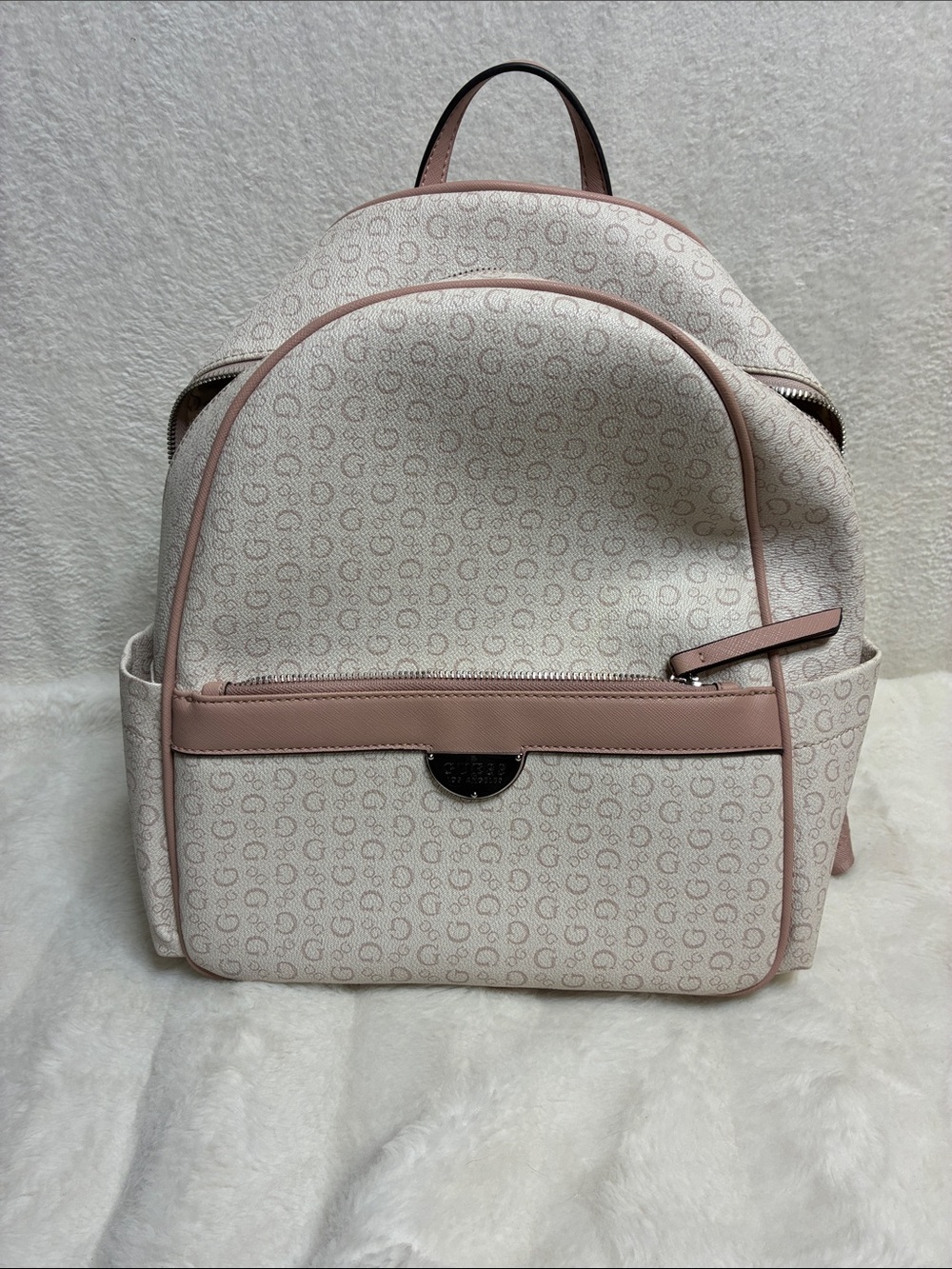 Guess Light Pink Monogram Backpack with Blush Trim